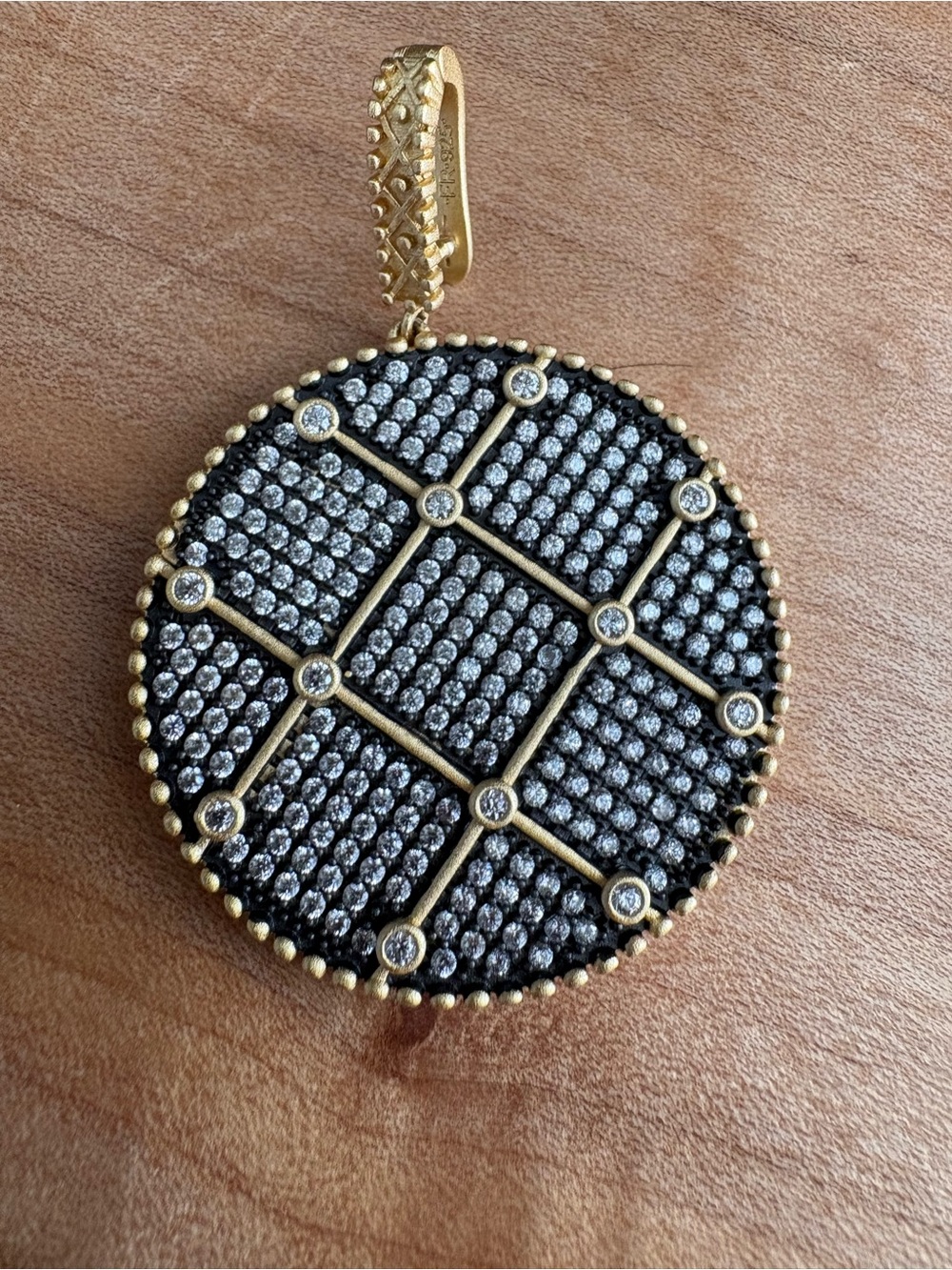 Freida Rothman Gold and Black Pave CZ Round Necklace Enhancer Pendant Reversible